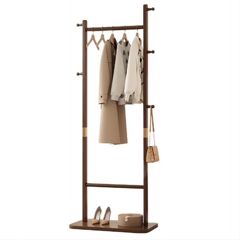 Garderobenständer Holz Massiv mit 5 Haken, Vertikaler Ständer mit verdickte rechtecke Basis für Kleider, Garderobe & Hüte Jacken- & Taschenständer für Flur, Wohnzimmer, Schlafzimmer - Braun
