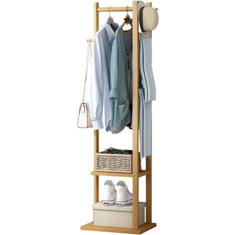 Garderobenständer Bambus, freistehender Kleiderständer, Garderobe mit Kleiderstange, 2 Ablagen,3 Haken für Kleidung, Hüte, Taschen, Flur, Eingangsbereich