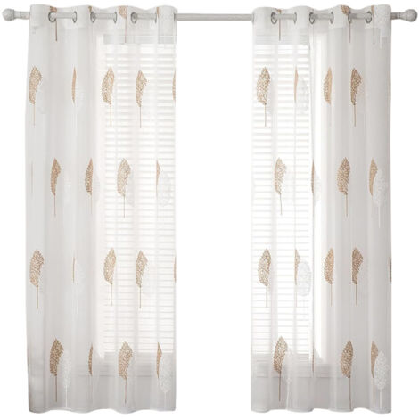 Vorhänge mit Blätter Muster, Stickerei Vorhang Transparent, Dekoration Ösen Gardinen Für Wohnzimmer, Vorhang Kurz Fenster, 2er Set Modern Schlafzimmer Vorhänge – Braun 140x225cm