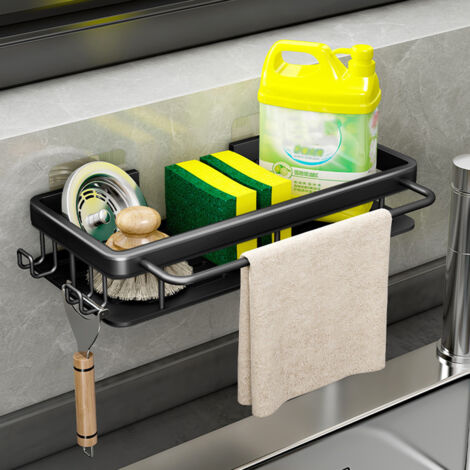 Küche Spülbecken Organizer mit Abflusspfanne, Küchen Schwammhalter Spüle Organizer mit Spültuchhalter und Zwei Haken,Metalle Hängender Küchenorganizer Badezimmer - Ohne Bohren - Schwarz (1/5)