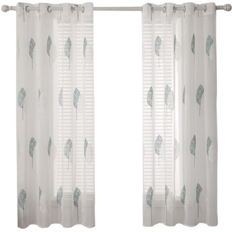 Vorhänge mit Blätter Muster, Stickerei Vorhang Transparent, Dekoration Ösen Gardinen Für Wohnzimmer, Vorhang Kurz Fenster, 2er Set Modern Schlafzimmer Vorhänge – Blau 140x245cm