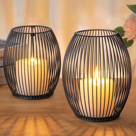 Kerzenständer, Oval Kerzenhalter 2er Set, Metall Laterne Kerzenständer, Kreativ Modern Eisen Kerzenleuchter für Wohnzimmer Schlafzimmer, Esstisch Deko Tischdeko - Schwarz