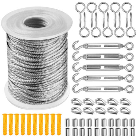 Edelstahlseil Set, 30M/2mm Drahtseil Edelstahl mit M5 Seilspanner Edelstahl Set, 304 Edelstahl Stahlseil PVC-ummantelt mit ösen, Seilspanngarnitur für Lights Hänge, Zaun, Gardinen