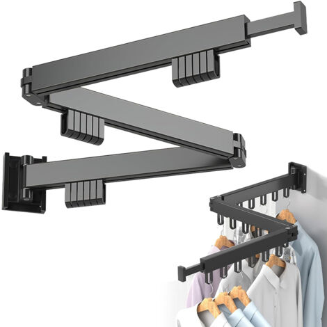 Wäscheständer Wandmontage Kleiderstange 120cm Ausziehbar Klappbar 3-Fach Kleiderständer mit 18 Haken für Balkon, Wäsche, Badezimmer, Schlafzimmer (Schwarz)