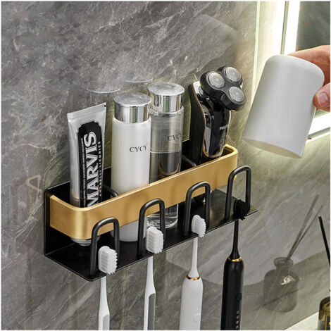 Zahnbürstenhalter, Wand Elektrischer Zahnburstenhalterung Edelstahl Zahnbürsten Halter ohne Bohren für Zahnbürstenköpfe, Zahnpasta (4 Slots) - Schwarz