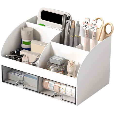 Schreibtisch Organizer - Büro-Organizer mit 6 Fächern und 2 kleinen Schubladen, Desk Storage Box für Stiftehalter, Remote-Control und weitere kleine Büroartikel - Weiß