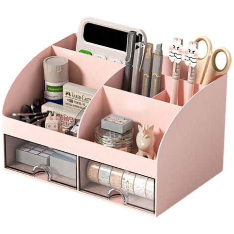 Schreibtisch Organizer - Büro-Organizer mit 6 Fächern und 2 kleinen Schubladen, Desk Storage Box für Stiftehalter, Remote-Control und weitere kleine Büroartikel - Rosa