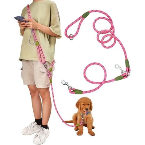 Hundeleine zum Laufen, Spazierengehen, Training, Crossbody-Doppelleine für Hunde, 1,2 cm dick, Nylon, reflektierend, strapazierfähig, für kleine, mittelgroße und große Hunde - Rosa
