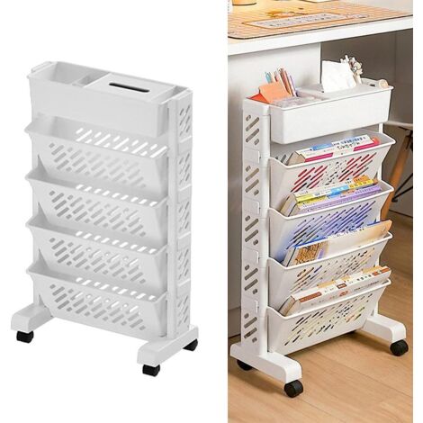 Beweglicher Bücherregalwagen Drehbarer Abnehmbarer Multifunktionaler Rollwagen aus Kunststoff Schreibtisch Bücherregal Schreibtisch Organizer mit Rädern - 5 Schichten (1/5)
