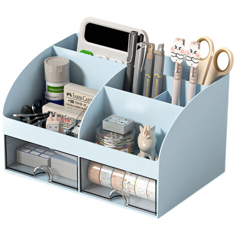 Schreibtisch Organizer - Büro-Organizer mit 6 Fächern und 2 kleinen Schubladen, Desk Storage Box für Stiftehalter, Remote-Control und weitere kleine Büroartikel - Blau