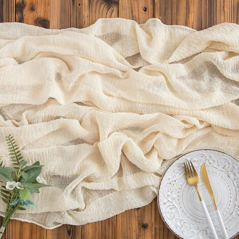 Tischläufer, 90x300 cm Boho Käsetuch Tischläufer, Halbdurchsichtiger Dekostoff, Käsetuch Tischläufer für Babyparty, Geburtstagsparty, Hochzeit Tischdeko - Beige (1/5)