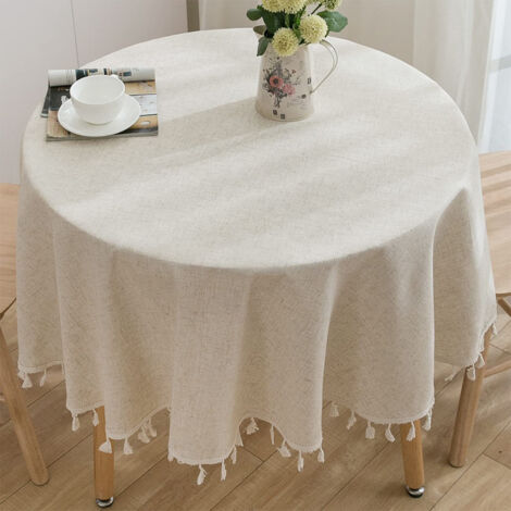 Beige Tischdecke Rund Abwaschbar Leinen Baumwolle Tischtuch Knitterfrei Staubdicht mit Quasten für Küche, Esszimmer, Esstisch, Couchtisch, Gartentisch – 120cm
