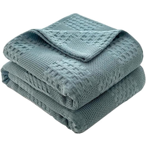 Tagesdecke 100% Baumwolle Kuscheldecke Leichte Wohndecke in Waffeloptik, Softe Überwurfdecke Bett, Sofa Überwurf Wohnzimmer Schlafzimmer Sommerdecke Baumwolldecke – Seeblau 180x200cm