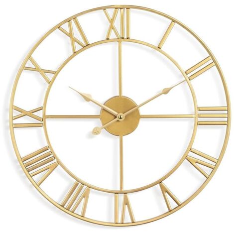 Große Wanduhr im Vintage-Stil, Rund Metall Geräuschlos Nicht tickend, batteriebetrieben, römische Ziffern, Uhren für Wohnzimmer, Schlafzimmer, Küchen Dekoration - 50cm Or