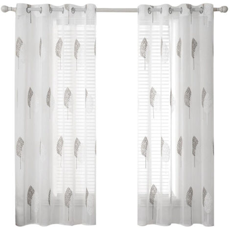 Vorhänge mit Blätter Muster, Stickerei Vorhang Transparent, Dekoration Ösen Gardinen Für Wohnzimmer, Vorhang Kurz Fenster, 2er Set Modern Schlafzimmer Vorhänge – Grau 140x225cm