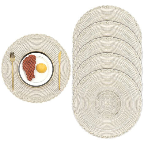 6er Set Runde Platzsets Baumwolle Tischmatten Weihnachten Beige Tischsets Abwaschbar Geflochten Platzdeckchen Hitzebeständig für Esszimmer, Küche, Hochzeit, Party, 38cm - Weiß (1/5)