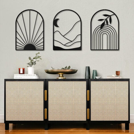 Boho Schwarz Metall Wanddekoration Schwarz Minimalistische Wandkunst Große Böhmische Linie Metall Wandkunst Schwarz Boho Wandkunst für Schlafzimmer Badezimmer Wohnzimmer (3 Stück, 30 x 43)