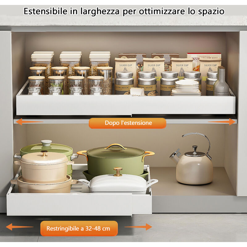 Organizer Estraibile Per Armadio: Regolabile Da 32 A 52 Cm, Senza Fori, In Acciaio, Per Cucina E Dispensa