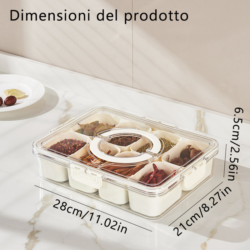 Vassoio Porta Snack Con Coperchio E 8 Scomparti – Contenitore Per Verdure E Salumi – Con Manico, Ideale Per Picnic E Viaggi
