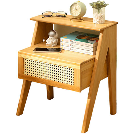 Comodino, piccolo comodino con cassetti, Comodino Rattan Naturale e Bambù, tavolino moderno metà secolo per camera da letto, soggiorno, 43 x 32 x 51 cm - colore del legno