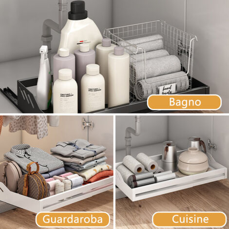 Yolispa Set 3 Cassetti Estraibili Per Cucina E Bagno – Organizer Sottolavandino Senza Foratura, Con Nastro Biadesivo Nano, Misure 40x27x8 Cm E 40x18x7 Cm
