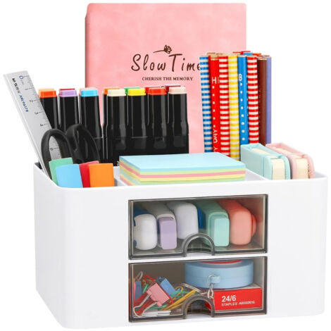Organizzatore da Scrivania con Cassetto, Portapenne e Organizer da Tavolo, Forniture per Ufficio con 5 Scomparti & 2 Cassetti per Accessori da Scrivania per Bambini - Bianco (1/5)
