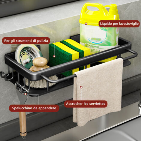 Supporto Per Spugna Da Cucina Con Organizer Per Lavello E Porta Scopino Alto - Nero - 2