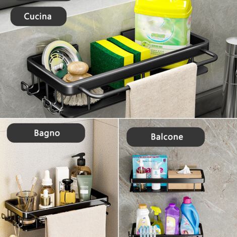 UMILKI Organizer per lavello da cucina, organizer da appendere con porta asciugamani e colla, per cucina e bagno, senza fori (nero