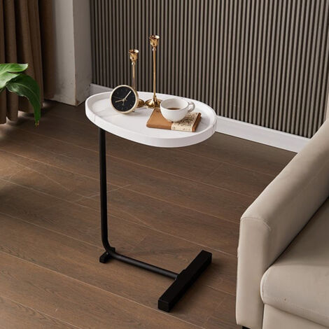 Tavolino a forma di C, tavolino stretto, tavolino moderno per divano con struttura in metallo, tavolino da caffè e snack per soggiorno, camera da letto, comodino - vassoio bianco + nero