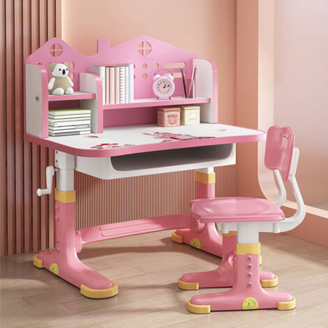 Scrivania per Bambini con Sedia, Set Banco Scuola Regolabile in Altezza con Cassetto, Età 3-18 Anni - Castello rosa (1/5)