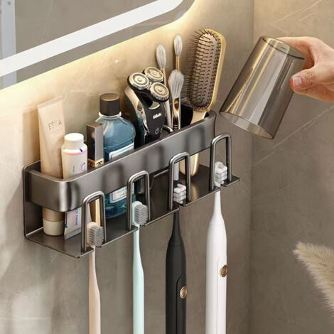 Portaspazzolini, porta spazzolino da denti per doccia, portaspazzolino da parete, organizer per doccia, portaspazzolino elettrico per piano di lavoro del bagno, salvaspazio - grigio (1/5)