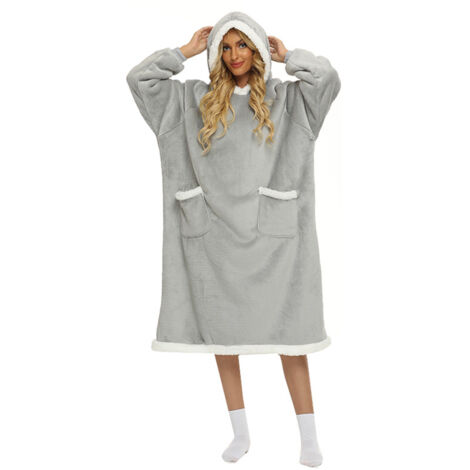 Coperta Con Cappuccio E Maniche, Morbida Felpa Coperta In Pile Sherpa Con Tasche (Grigio, 120 Cm) - 6