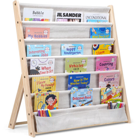 Libreria per Bambini, Scaffale a 6 Livelli in Tessuto per Bambini, Librerie per Camerette con 3 Tasche con Maniche Profonde, 75 30 80cm - Beige