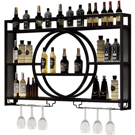 Portabottiglie in Metallo da Parete, mensola espositiva per Bottiglie di liquore, Mobile Bar con portabicchieri, espositore per calici sospeso, per Cucina da Bar - 1201580cm