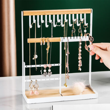 mepure Espositore per collane a 4 ripiani, con vassoio in velluto per orecchini e anelli, regalo da donna, 10 ganci, organizer per collane, bracciali, orecchini, anelli