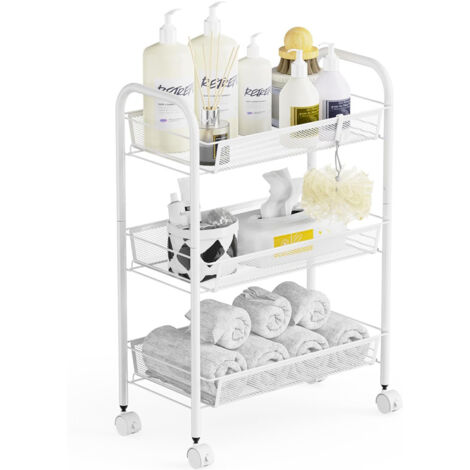 Carrello da cucina portatile multifunzione a 3 ripiani, per bagno, cucina e lavanderia, in metallo antiruggine, cestino a rete traspirante e gancio laterale incluso, facile da montare - Bianco (1/5)