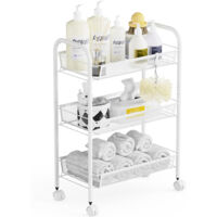 Carrello da cucina portatile multifunzione a 3 ripiani, per bagno, cucina e lavanderia, in metallo antiruggine, cestino a rete traspirante e gancio laterale incluso, facile da montare - Bianco
