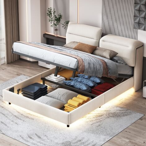 Polsterbett 160x200 cm mit LED-Beleuchtung, Kopfteil mit Stauraum ...