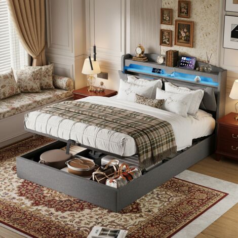 Letto contenitore imbottito 180x200cm - con LED - con porte USB e Type-C - Tessuto in lino - testiera con vano contenitore - Beige | Leroy Merlin