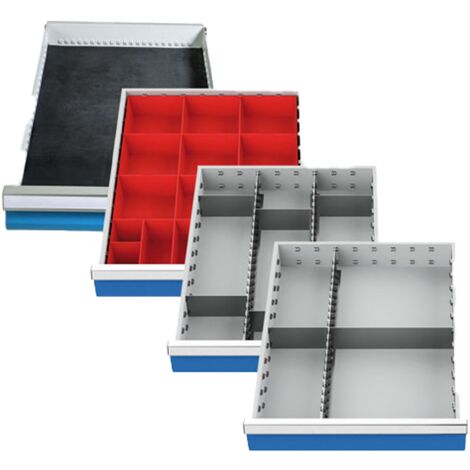Einteilungssortiment (4-teilig) für Schubladen R 18-24, 1 x Riffelgummieinlage, 1 x Kleinteilekästchen, 2 x Metalleinteilung Maße in mm (BxT): 450 x 600 (1/5)