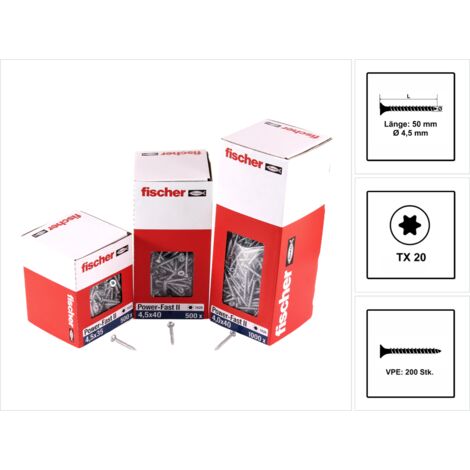 Fischer 200x Power-Fast II FPF II CTF 4,5 x 50  mm BC Senkkopf mit Innenstern TX20 Vollgewinde galvanisch verzinkt blau passiviert - 670264