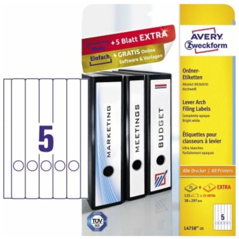 Ordnerrückenetikett ultragrip schmal/lang 38 x 297 mm (B x H) selbstklebend mit Griffloch weiß 150 Etik./Pack. (1/5)