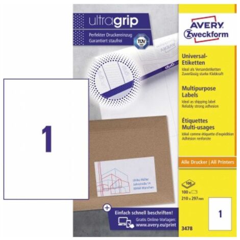 Universaletikett ultragrip 210 x 297 mm (B x H) nicht wieder ablösbar Papier weiß 100 Etik./Pack. (1/5)