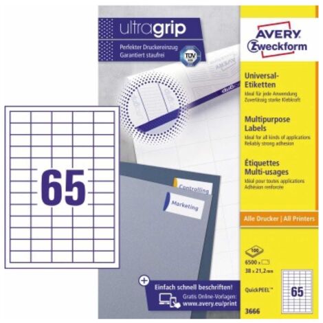 Universaletikett ultragrip 38 x 21,2 mm (B x H) nicht wieder ablösbar Papier weiß 6.500 Etik./Pack. (1/5)
