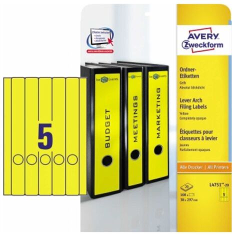Ordnerrückenetikett ultragrip schmal/lang 38 x 297 mm (B x H) selbstklebend mit Griffloch gelb 100 Etik./Pack. (1/5)