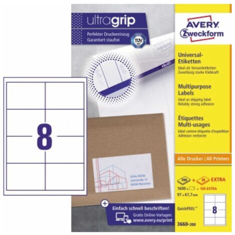 Universaletikett ultragrip 97 x 67,7 mm (B x H) nicht wieder ablösbar Papier weiß 1.760 Etik./Pack. (1/5)