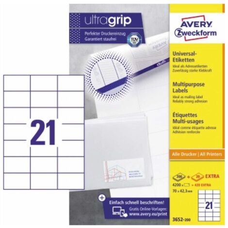Universaletikett ultragrip 70 x 42,3 mm (B x H) nicht wieder ablösbar Papier weiß 4.620 Etik./Pack. (1/5)