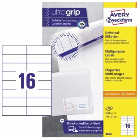 Universaletikett ultragrip 105 x 37 mm (B x H) nicht wieder ablösbar Papier weiß 1.600 Etik./Pack. (1/5)
