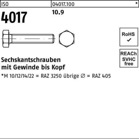 ISO 4017 Sechskantschraube VG M6x50 Stahl 10.9 blank 400 Stk