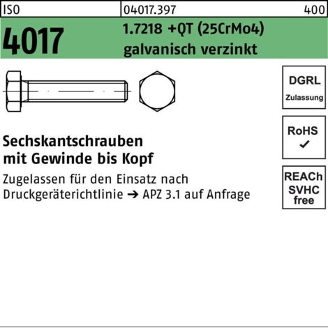 ISO 4017 Sechskantschraube VG entspr. DGRL M20x80 1.7218 (25CrMo4) galvanisch verzinkt 25 Stk